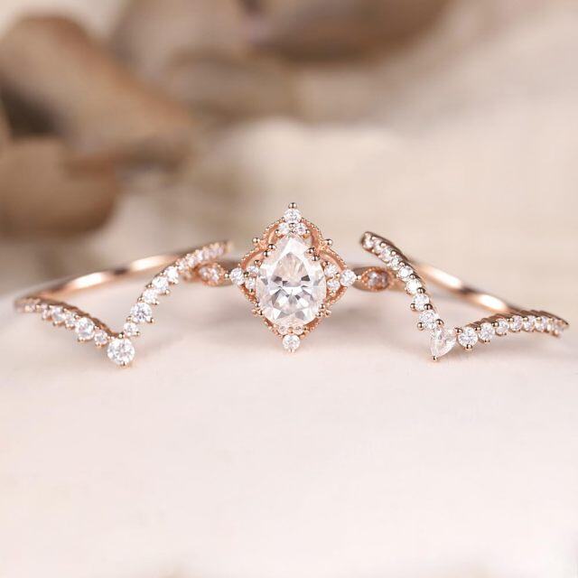 10K Rose Gold 1CT Pear Shaped Moissanite Crown Engagement Ring Set-4