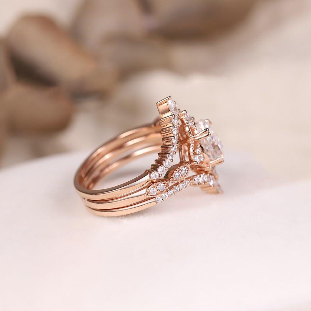 10K Rose Gold 1CT Pear Shaped Moissanite Crown Engagement Ring Set-5