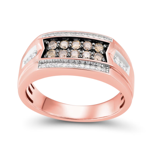 Alianza de boda para hombre en oro rosa de 10 quilates con diamantes blancos y champán de 1/2 quilates.