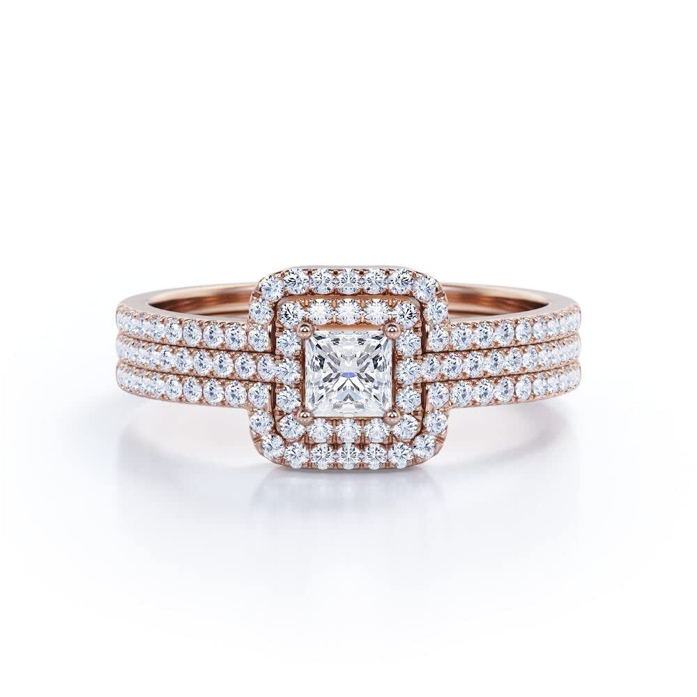 10K Rose Gold 0.3CT Princess Cut Moissanite Engagement Ring with 0.75CT Lab Grown Diamond-1