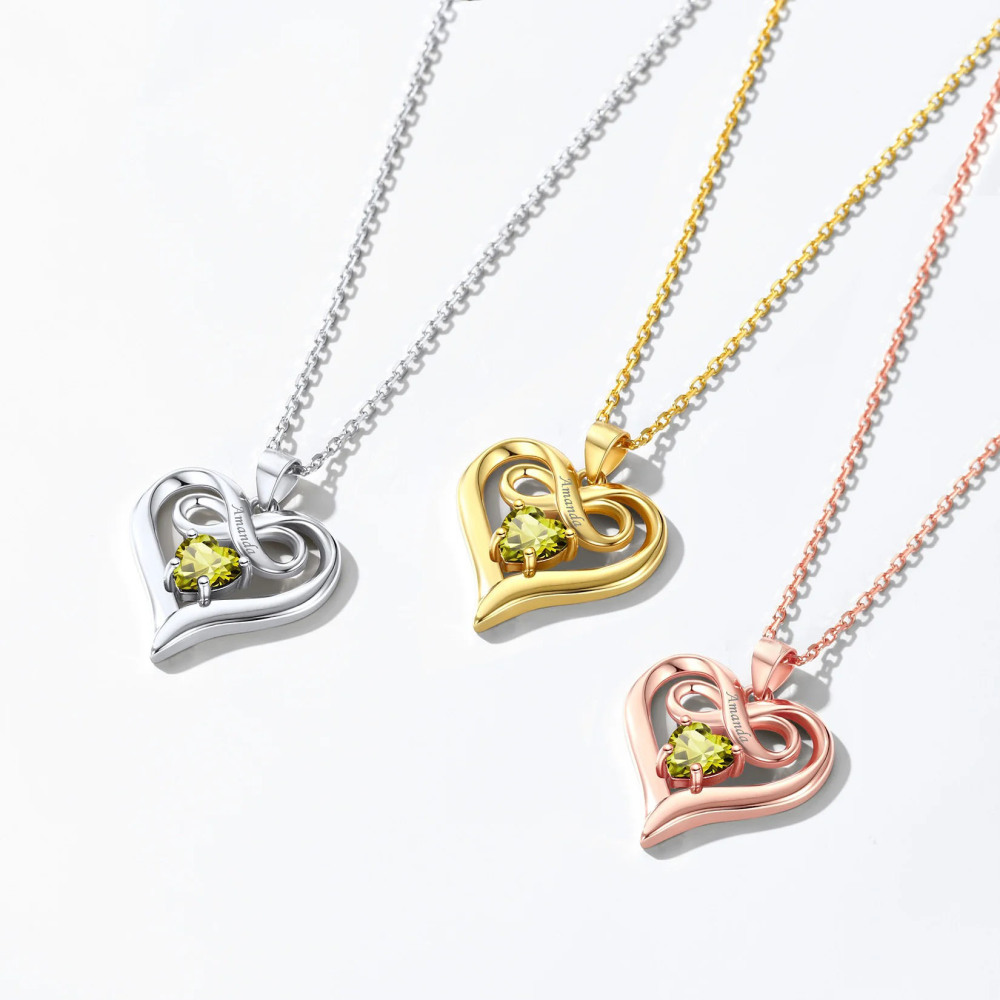 10K Rose Gold Heart Personalised Birthstone Engraving Pendant Necklace For Women-6