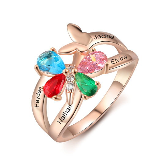 10-karatowe różowe złoto Butterfly Cubic Zirconia Spersonalizowane grawerowanie i pierścionek z kamieniem narodzin