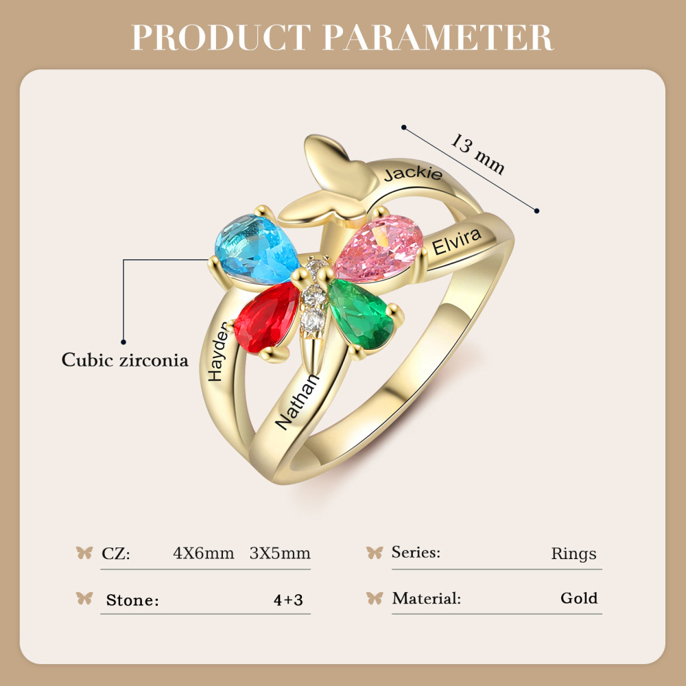 10K Rose Goud Vlinder Cubic Zirconia Gepersonaliseerde Gravure & Geboortesteen Ring-4