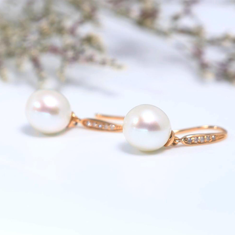 14K Rose Gold Circular Pearl Bead Drop Earrings-3