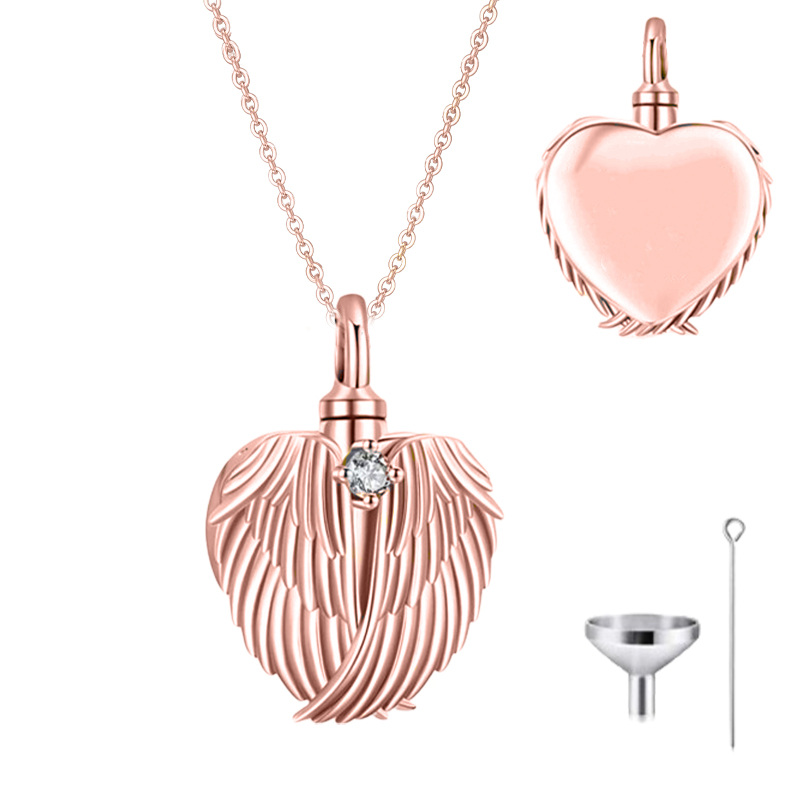 Collier en or rose 10 carats avec pierre de naissance personnalisée en forme d'aile d'ange et d'urne en forme de cœur pour cendres