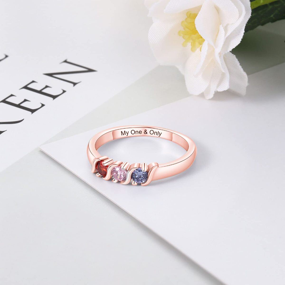 10K Rose Gold Circular Cubic Zirconia Personalized Birthstone and Engraving Ring-3