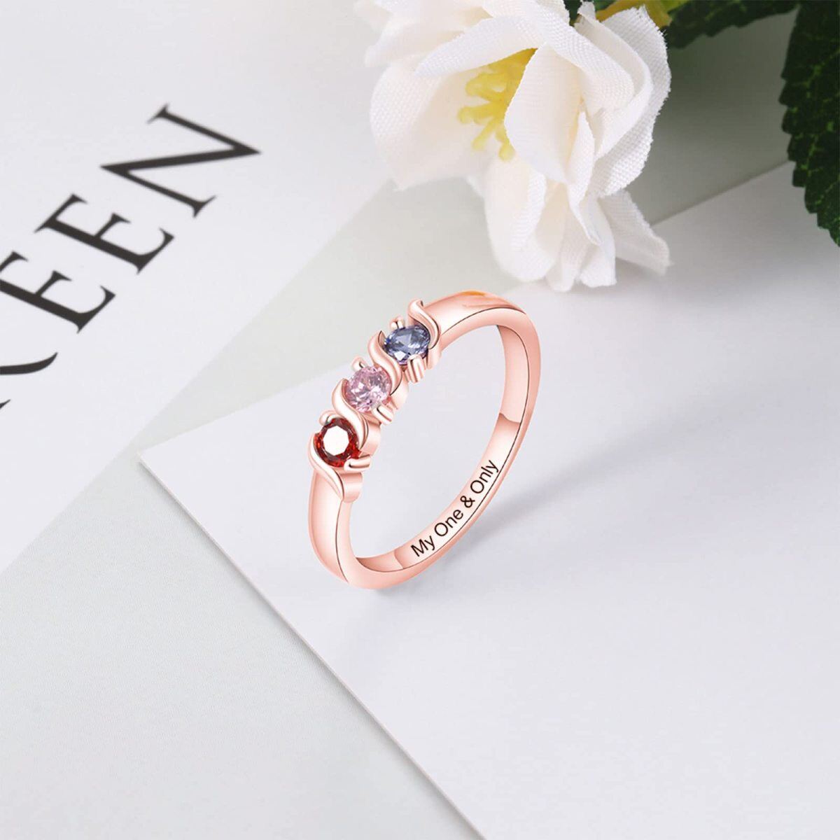 10K Rose Gold Circular Cubic Zirconia Personalized Birthstone and Engraving Ring-4