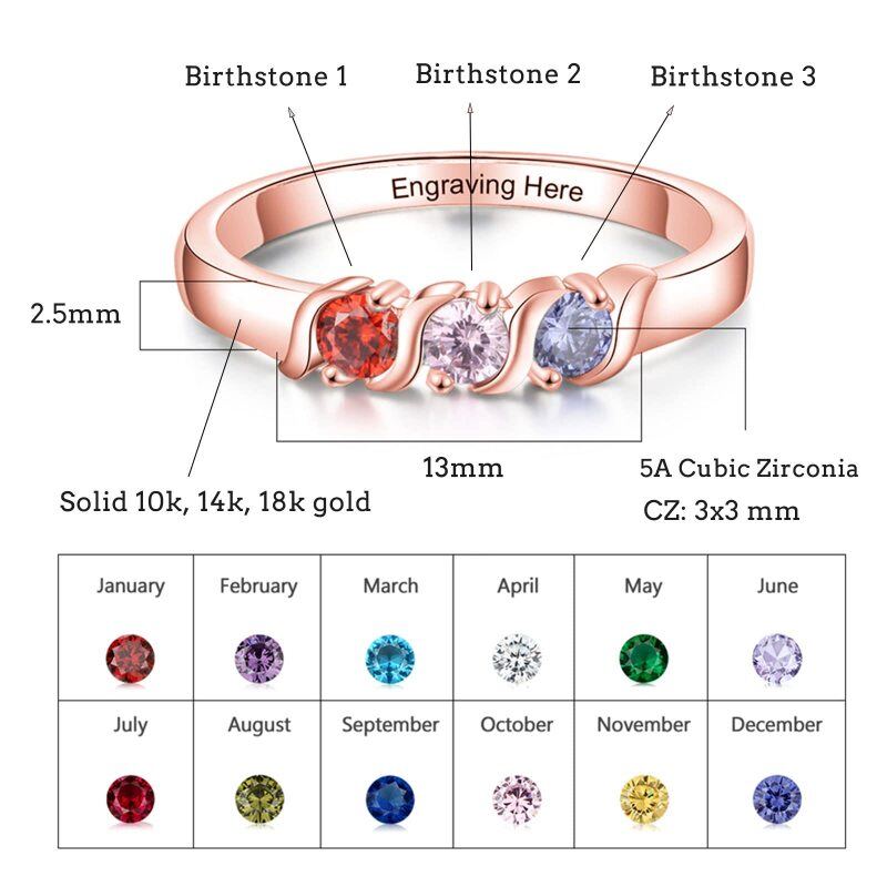 10K Rose Gold Round Cubic Zirconia Personalized Birthstone and Engraving Ring-5