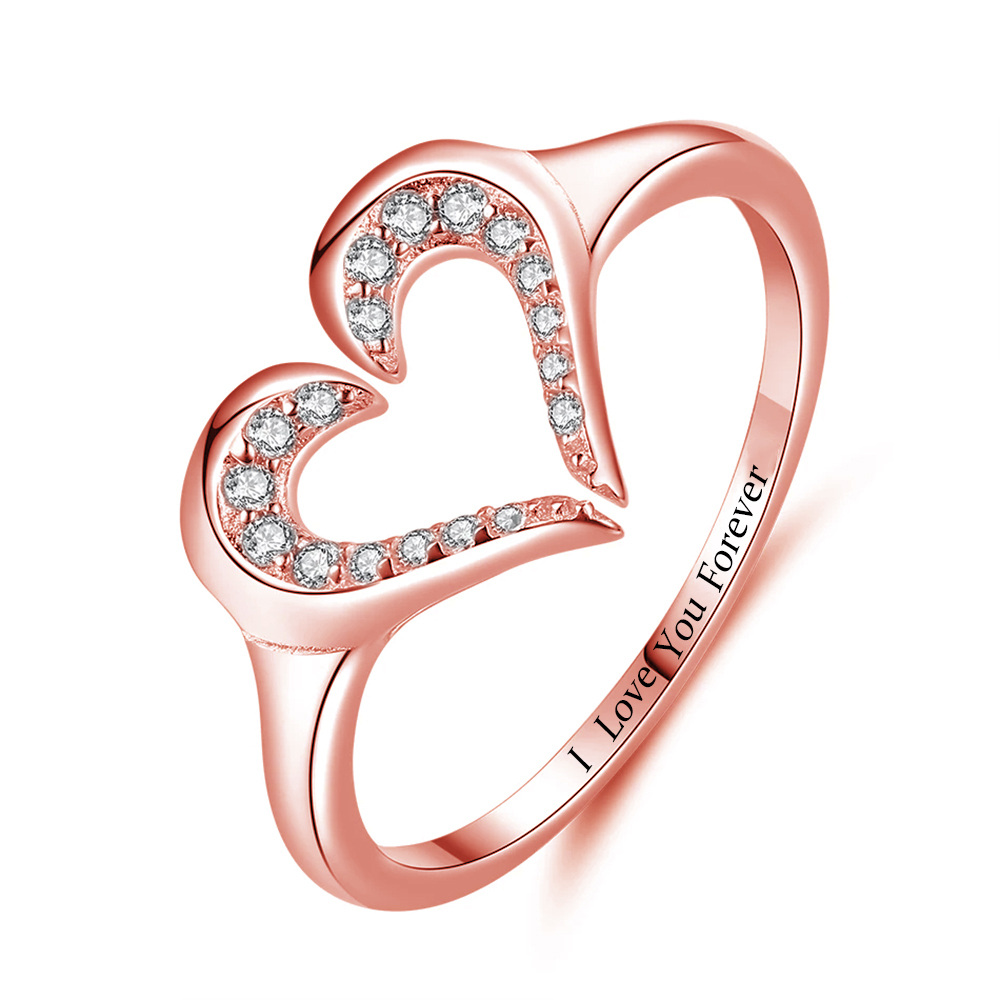 Anello aperto a forma di cuore con incisione personalizzata in zirconia cubica circolare in oro rosa 14K-1