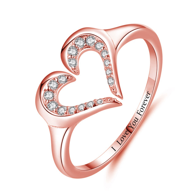 Anello aperto a forma di cuore con incisione personalizzata in zirconia cubica circolare in oro rosa 10K-1