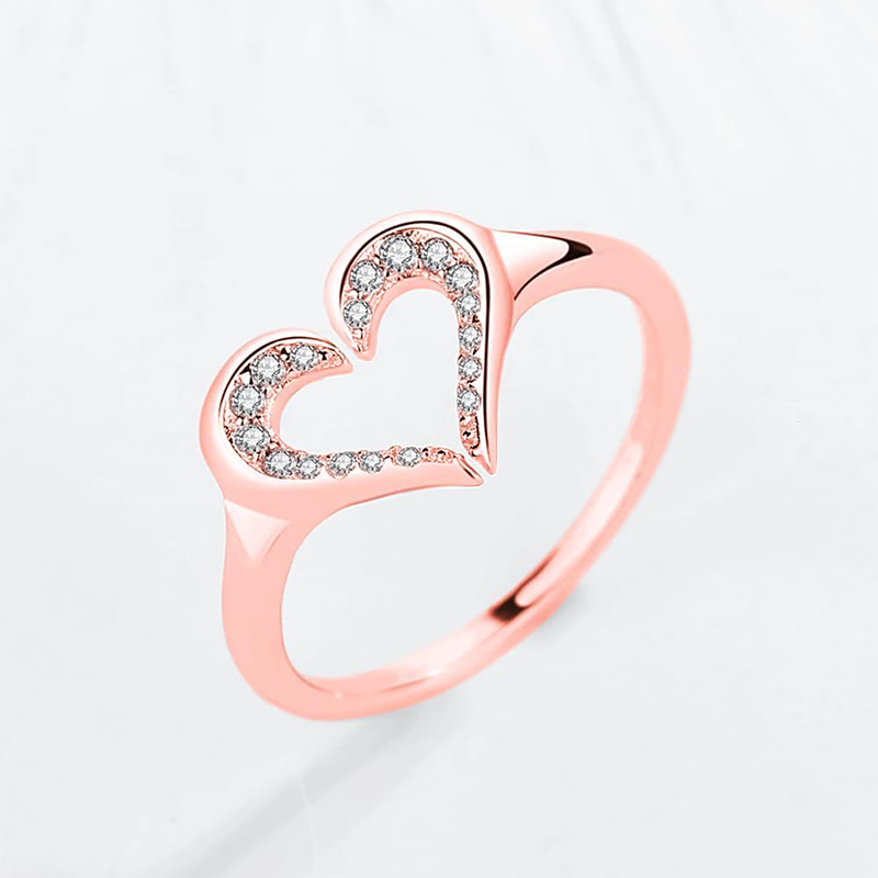 Anello aperto a forma di cuore con incisione personalizzata in zirconia cubica circolare in oro rosa 14K-3