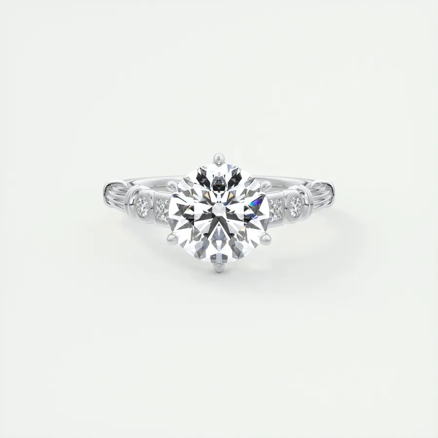 10K White Gold Circular Shaped Lab Created Diamond & Moissanite Personalized Engraving Engagement Ring-4