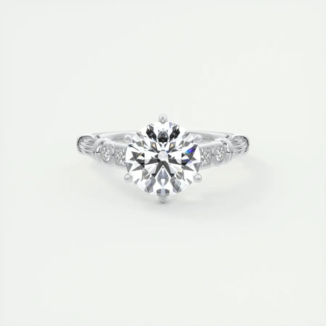 10K White Gold Circular Shaped Lab Created Diamond & Moissanite Personalized Engraving Engagement Ring-4