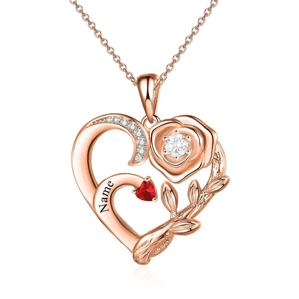 10K Gold Circular Shaped Zircon Rose Heart Personalized Engraving Pendant Necklace-2