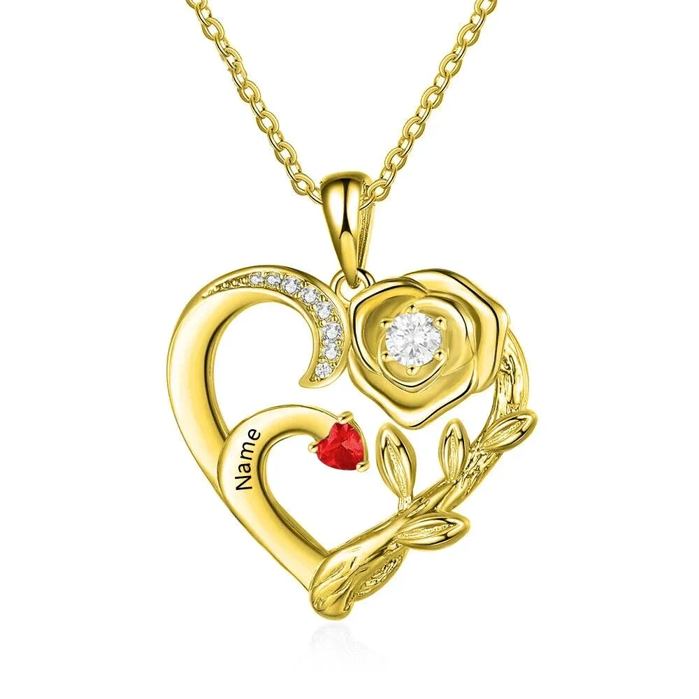 Collier en or rose 10K avec pendentif circulaire en zircon rose et coeur avec gravure personnalisée-2