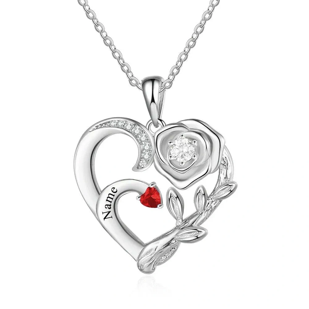 10K White Gold Rose & Heart Circular Shaped Zircon Personalized Engraving Pendant Necklace-1