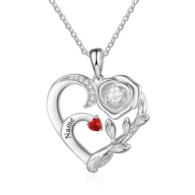 Collier en or blanc 10K avec pendentif gravure personnalisée en zircon en forme de rose et de coeur-1