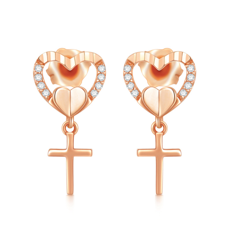 10K Rose Gold Cubic Zirconia Cross & Heart Stud Earrings-11