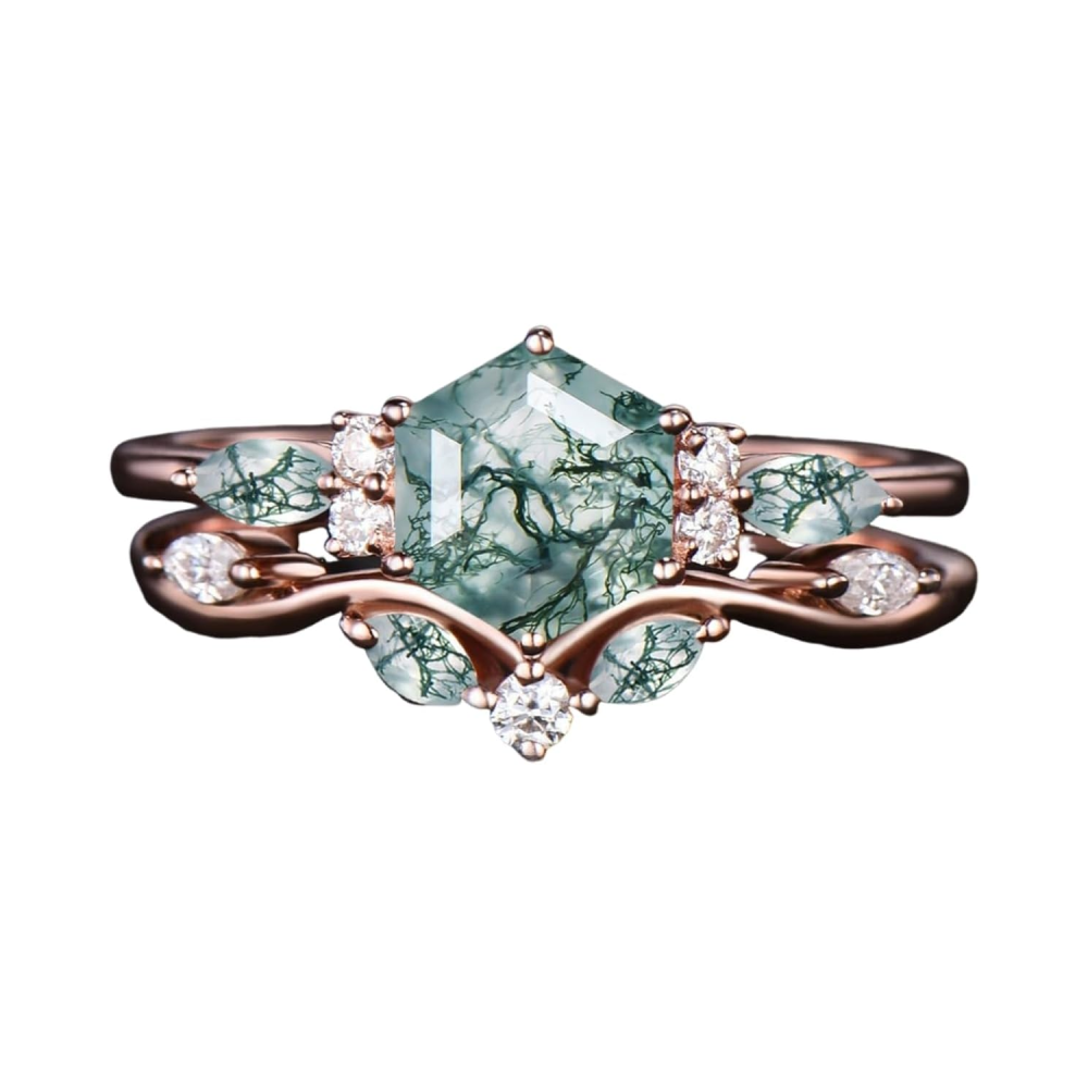 10K Rose Gold Five-Pointed Star Cut Moss Agate Custom Engagement Ring for Women-1