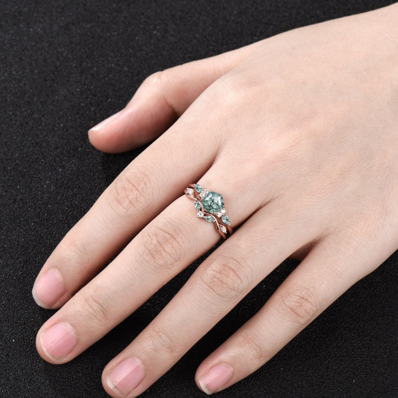 10K Rose Gold Five-Pointed Star Cut Moss Agate Custom Engagement Ring for Women-2