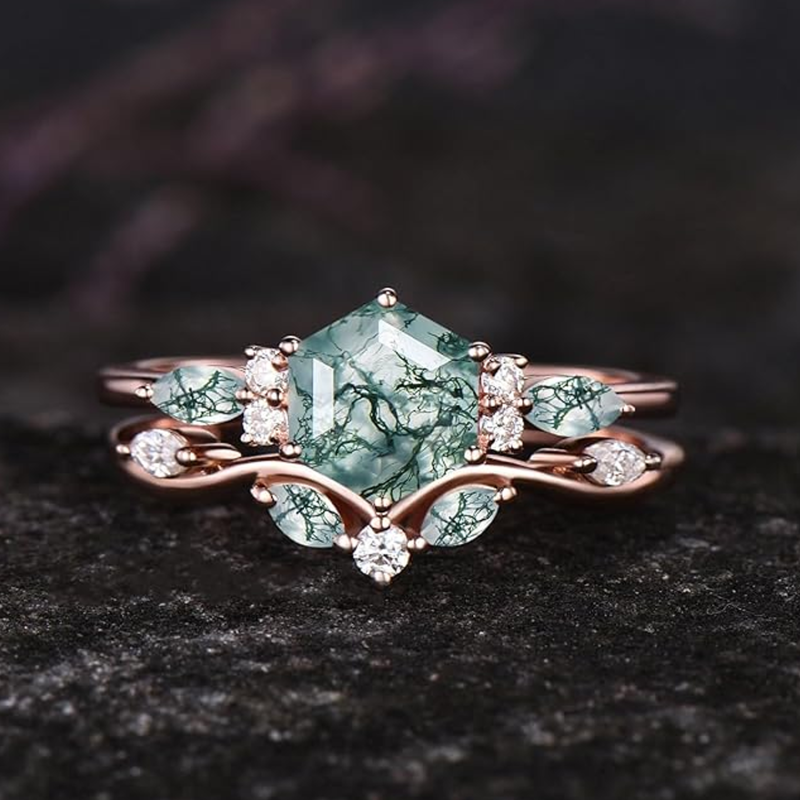 10K Rose Gold Five-Pointed Star Cut Moss Agate Custom Engagement Ring for Women-3