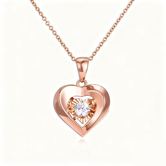 10K Rose Gold Cubic Zirconia Heart With Heart Pendant Necklace