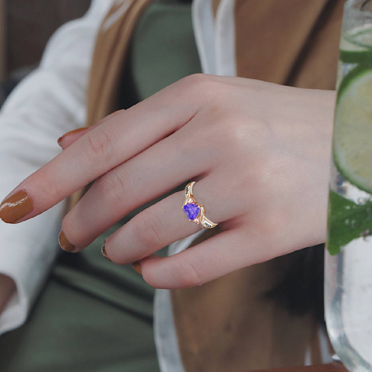 10K Rose Gold Heart Cubic Zirconia Personalized Birthstone Engraving Ring-2