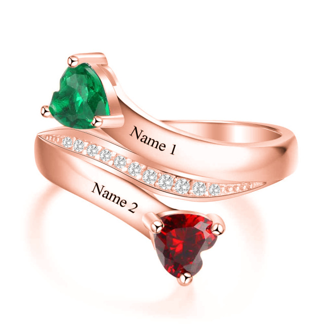 10K Rose Gold Heart Shaped Personalized Birthstone & Personalized Engraving Open Ring-1