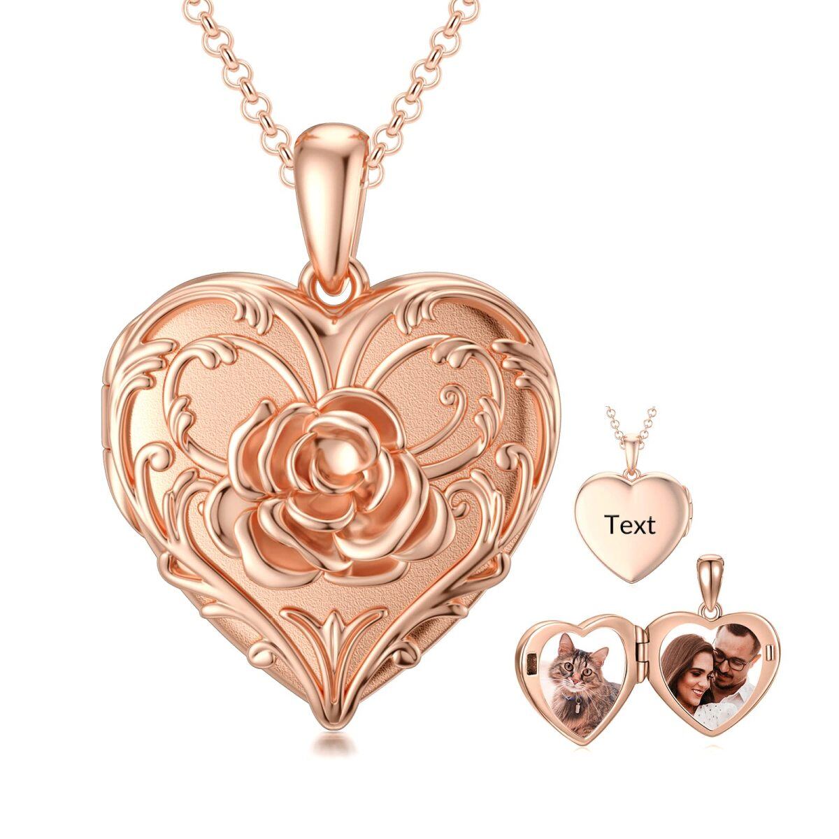 10K Rose Gold Rose Heart Shaped Personalized Engraving Photo Locket Necklace-1