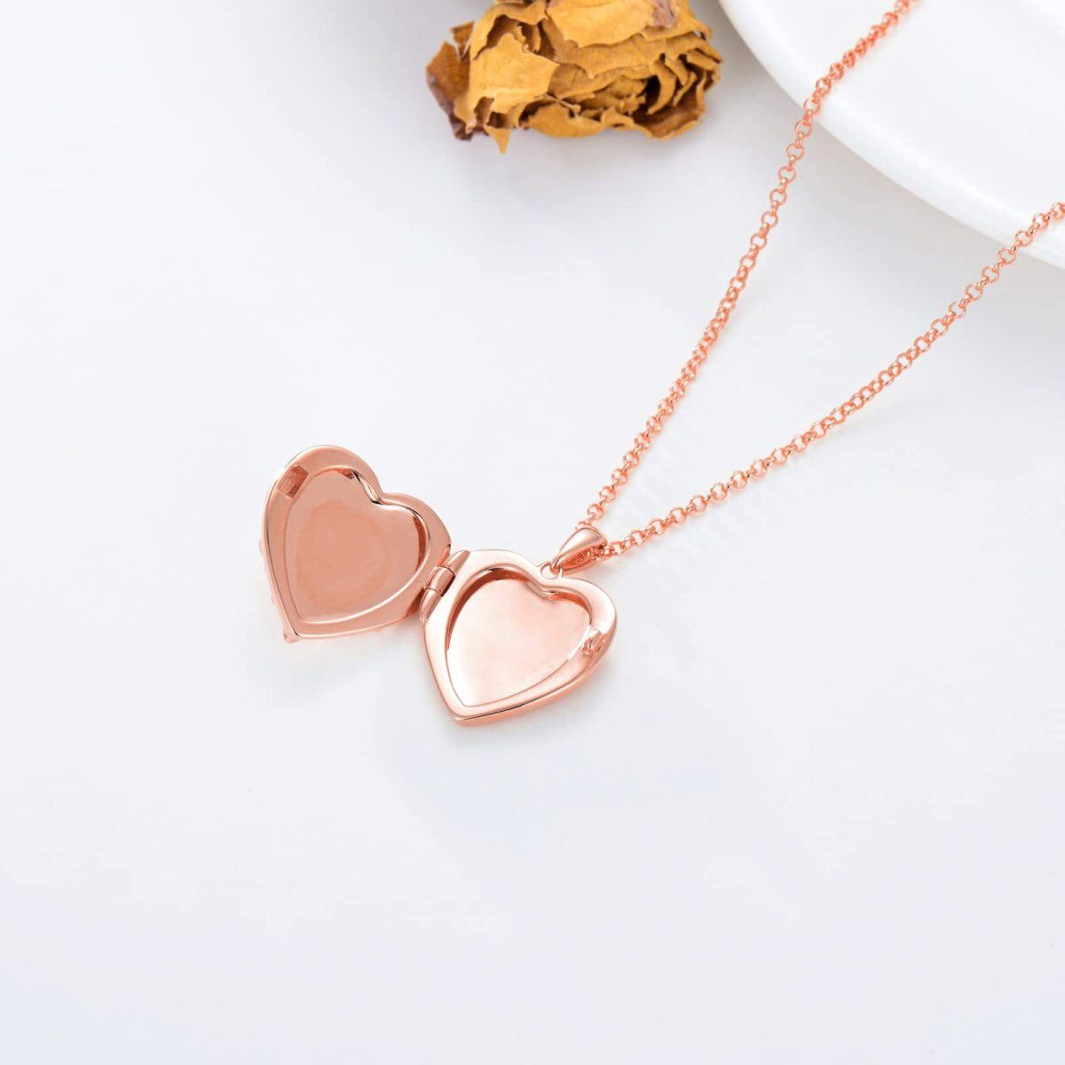 10K Rose Gold Rose Heart Shaped Personalized Engraving Photo Locket Necklace-4