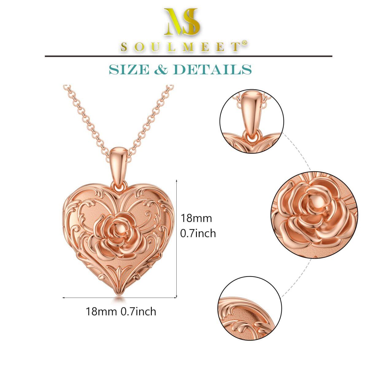 10K Rose Gold Rose Heart Shaped Personalized Engraving Photo Locket Necklace-5