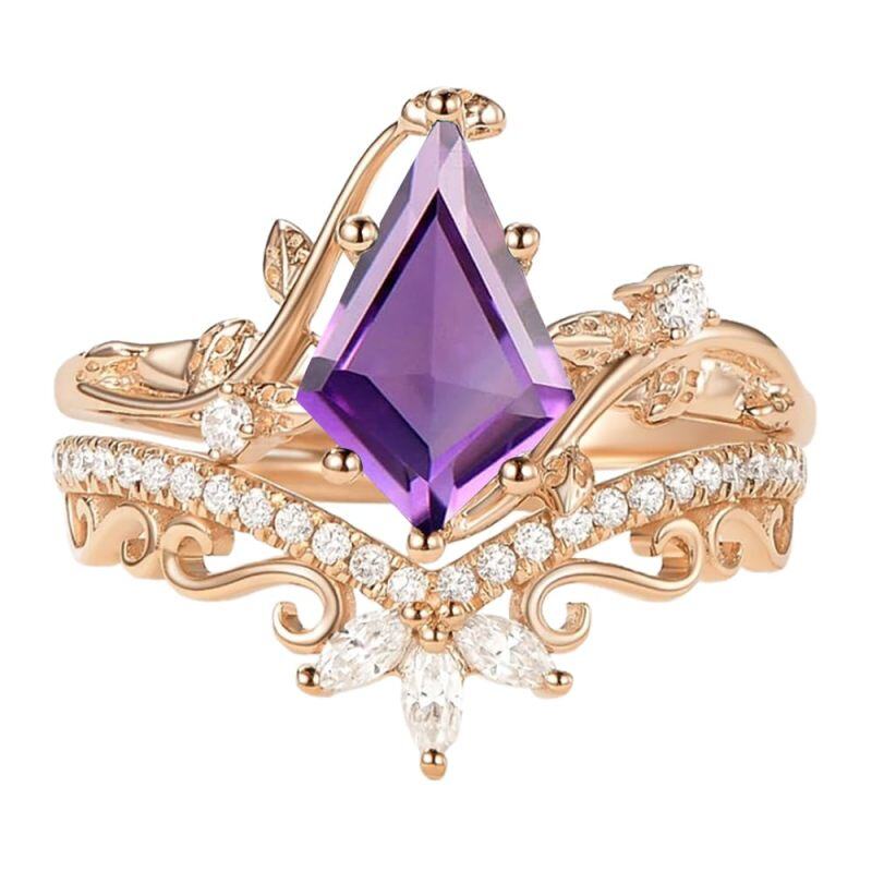 10K Rose Gold Kite Cut Amethyst & Moissanite Bridal Set-17