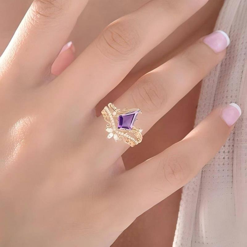 Conjunto de noiva de moissanita com ametista e lapidação pipa em ouro rosa 10K-2