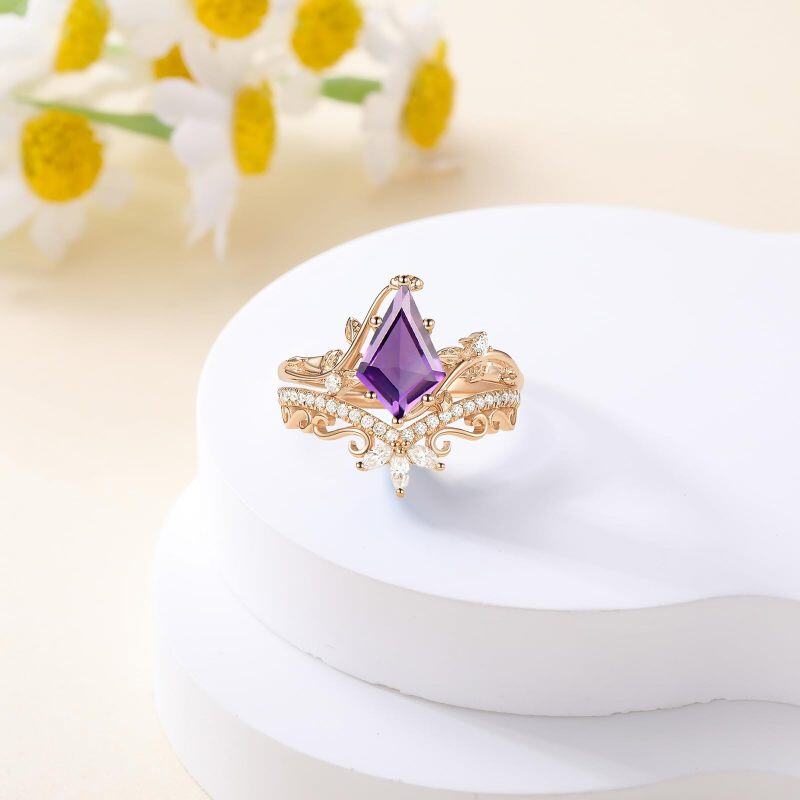 Conjunto de noiva de moissanita com ametista e lapidação pipa em ouro rosa 10K-3