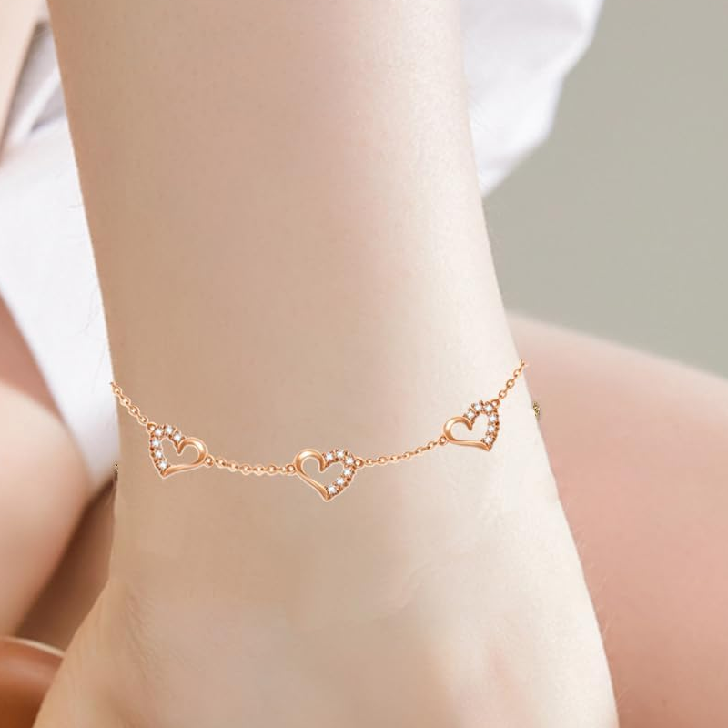 10K Rose Gold Moissanite Heart With Heart Single Layer Charm Anklet-2