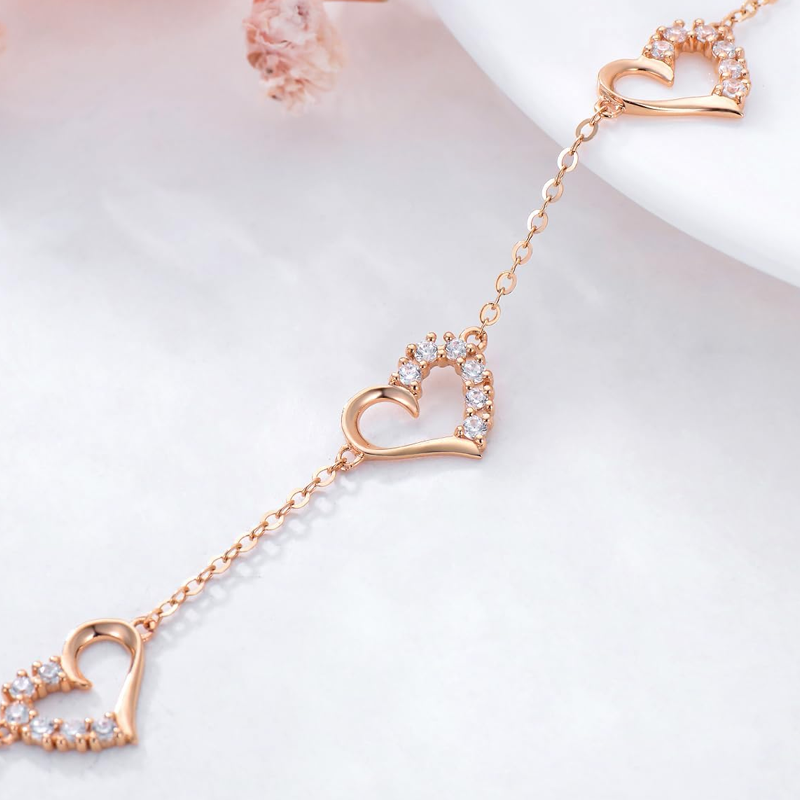 10K Rose Gold Moissanite Heart With Heart Single Layer Charm Anklet-3