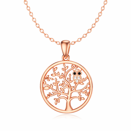 Collana con ciondolo gufo e albero della vita in moissanite in oro rosa 10 carati