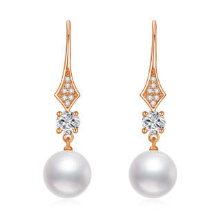 10K Rose Gold Moissanite & Pearl Bead Drop Earrings-10