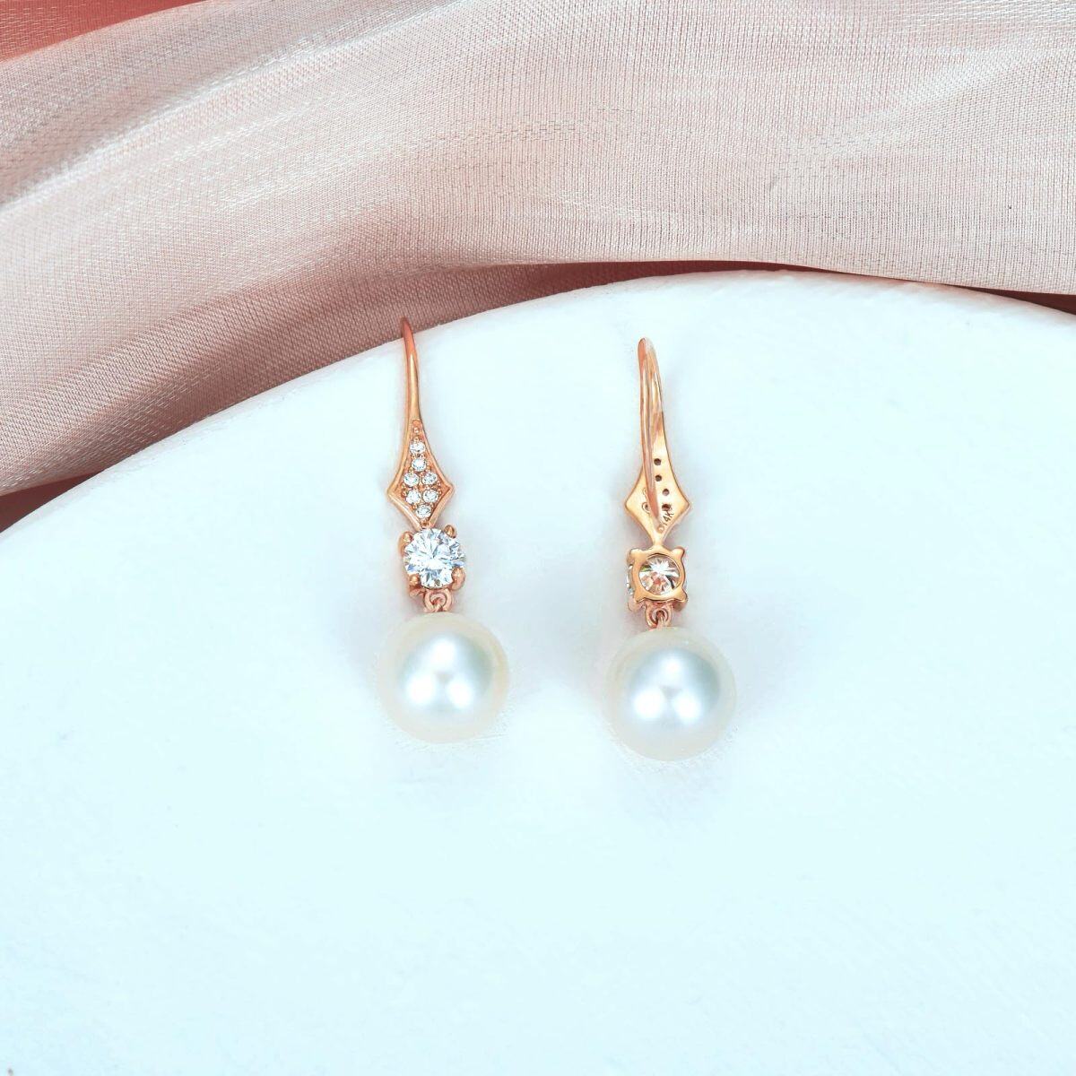 10K Rose Gold Moissanite & Pearl Bead Drop Earrings-3