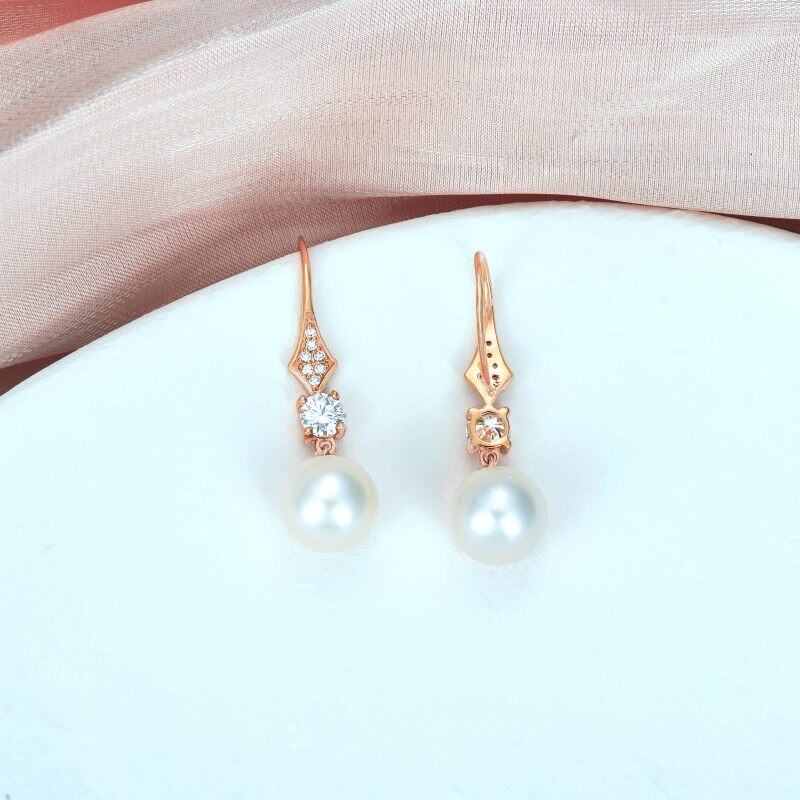 Boucles d'oreilles pendantes en or rose 14 carats, moissanite et perles-3