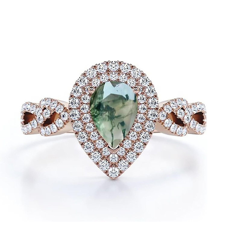 Sterling Silver with Rose Gold Plated Pear Cut Moss Agate Ring-8