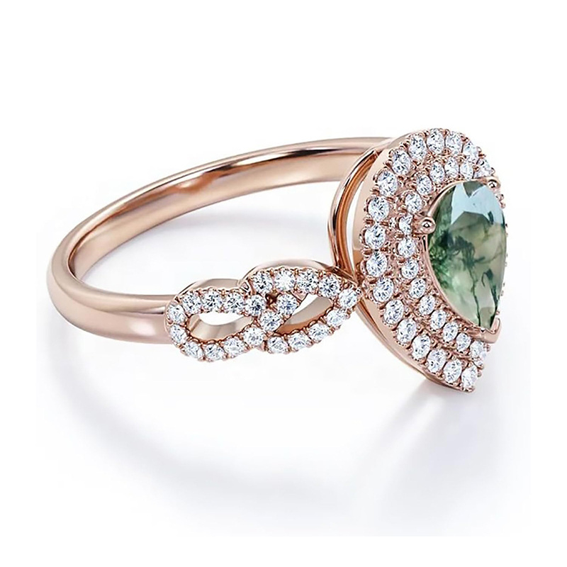 Sterling Silver with Rose Gold Plated Pear Cut Moss Agate Ring-2