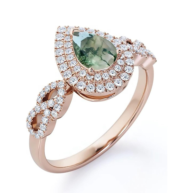Sterling Silver with Rose Gold Plated Pear Cut Moss Agate Ring-3