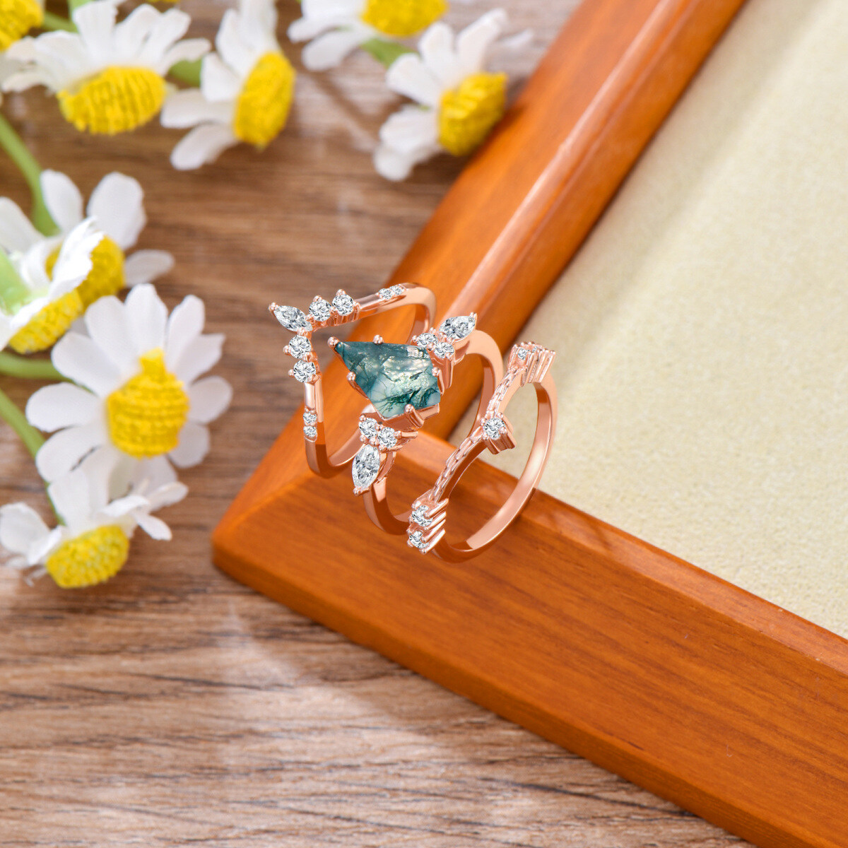 10K Rose Gold Moss Agate Stackable Ring-3