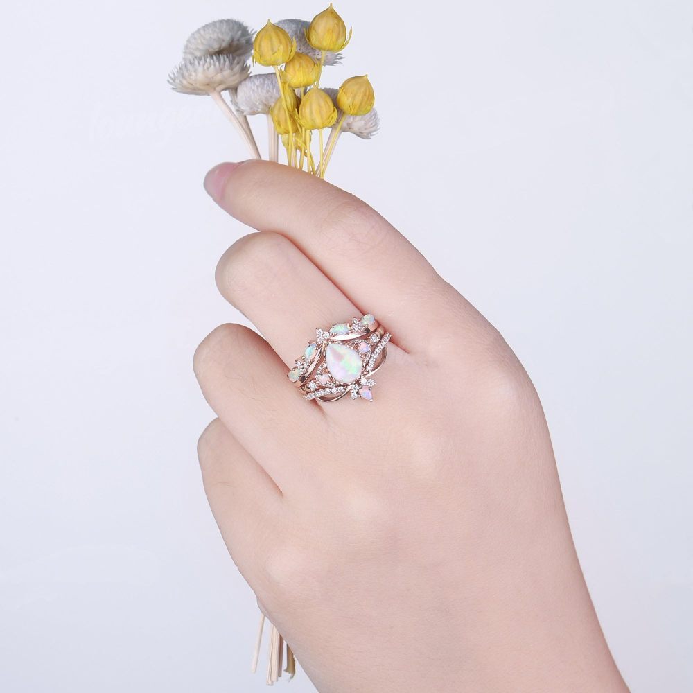 10K White Gold Opal With Moissanite Ring-2