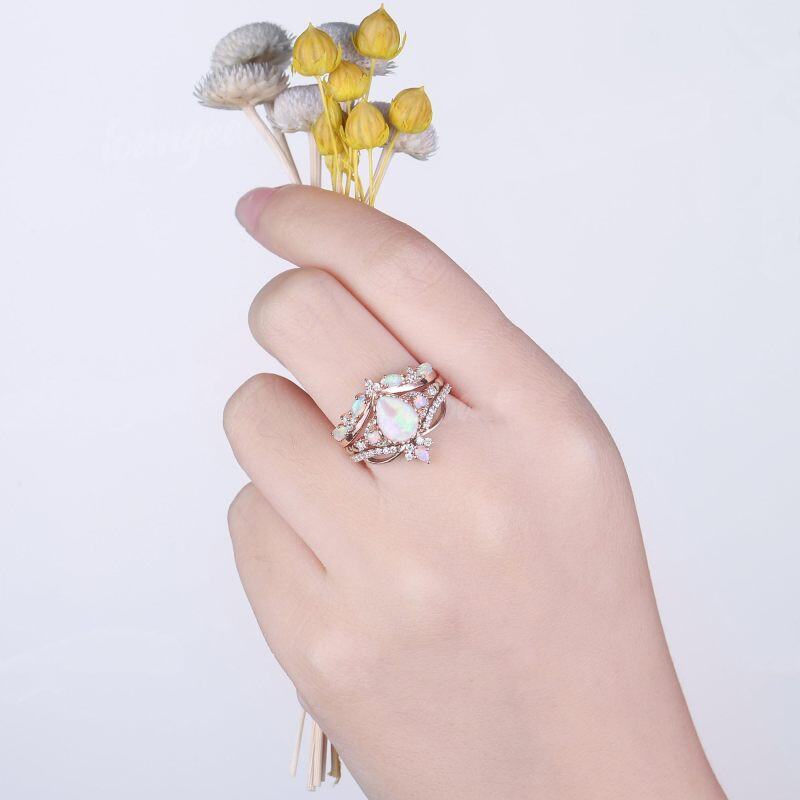 10K White Gold Opal With Moissanite Ring-2