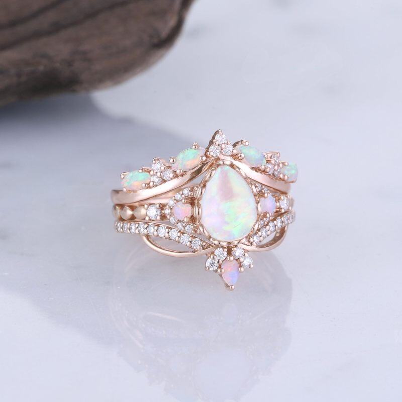 10K White Gold Opal With Moissanite Ring-3