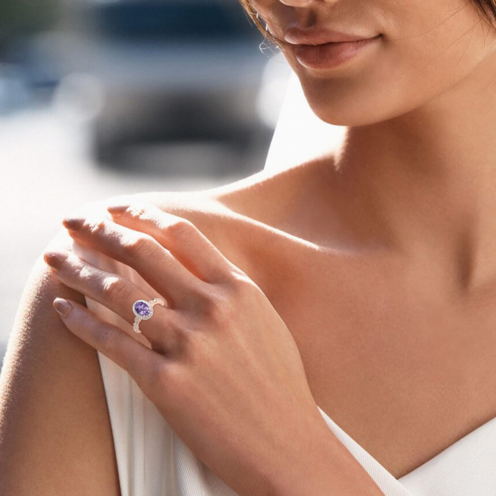 Anel de noivado personalizado com corte oval em ouro branco 10K e pedras preciosas-4