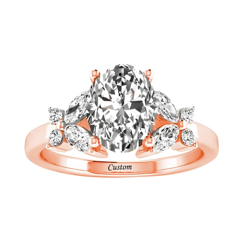 Anel de noivado e compromisso borboleta com nome personalizado em ouro rosa 10K e corte oval em moissanita-9