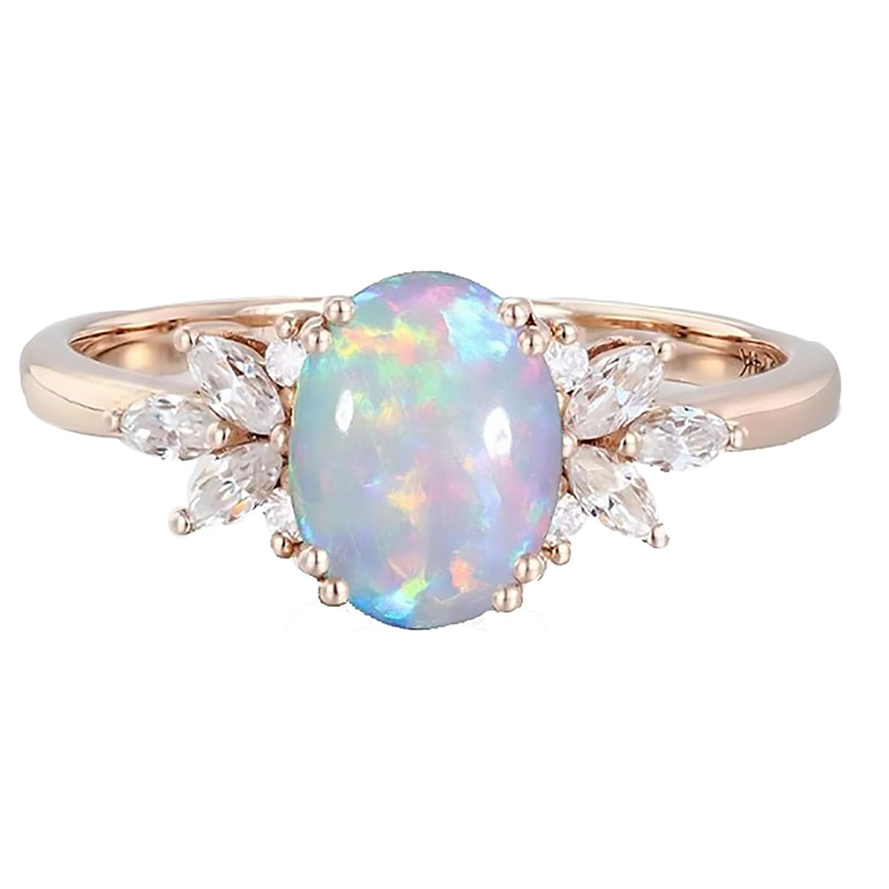 Anillo de compromiso de oro rosa de 14 quilates con ópalo ovalado y moissanita-1